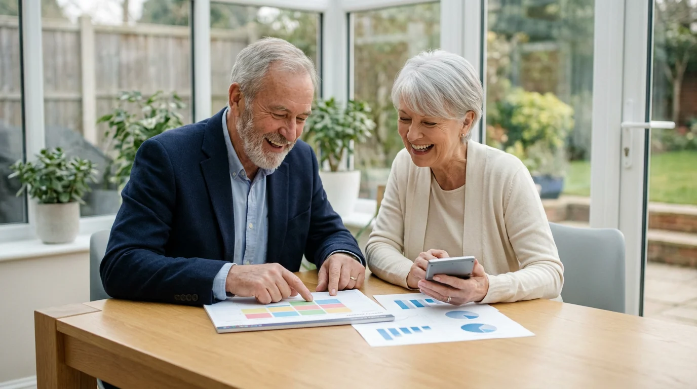 A senior couple sits at a sunlit table, planning their finances and schedule together.