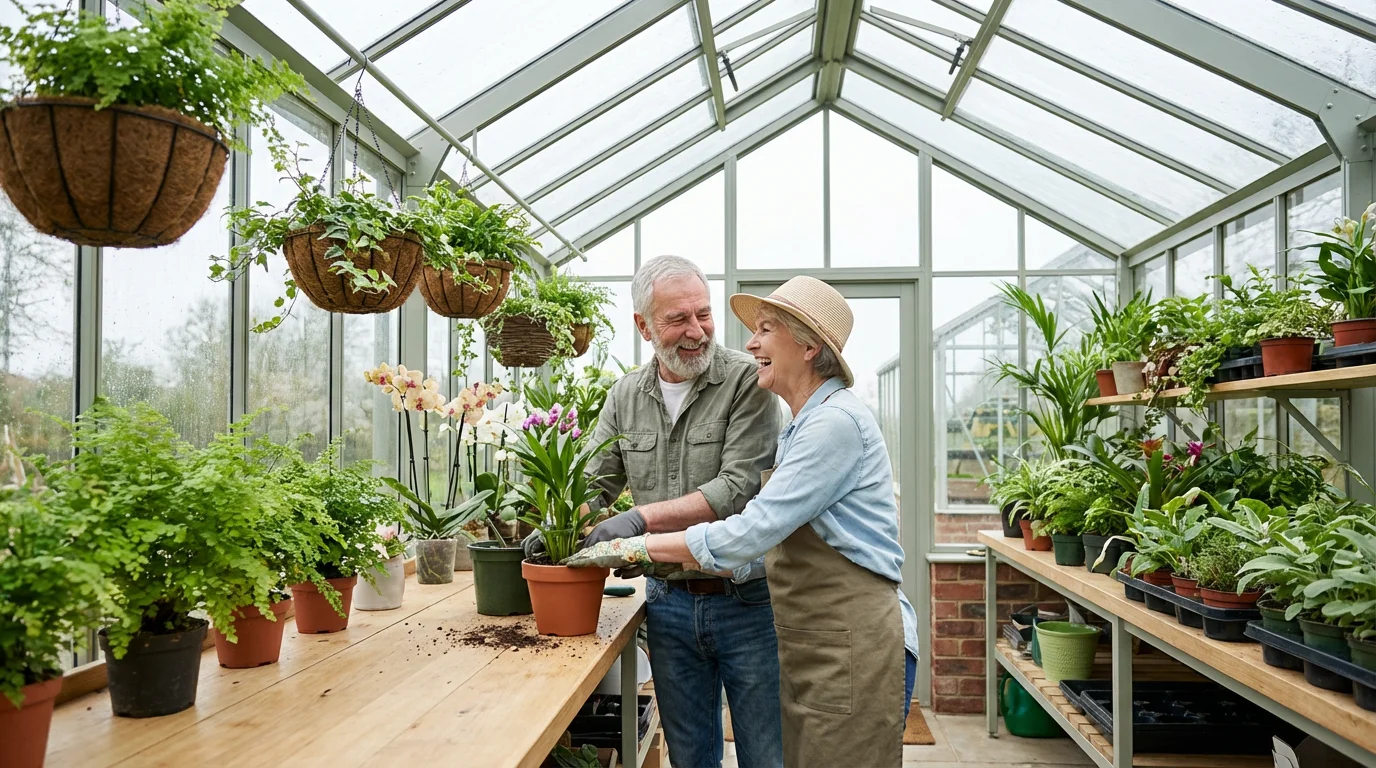 A senior couple smiles while gardening together inside a bright, plant-filled modern greenhouse.
