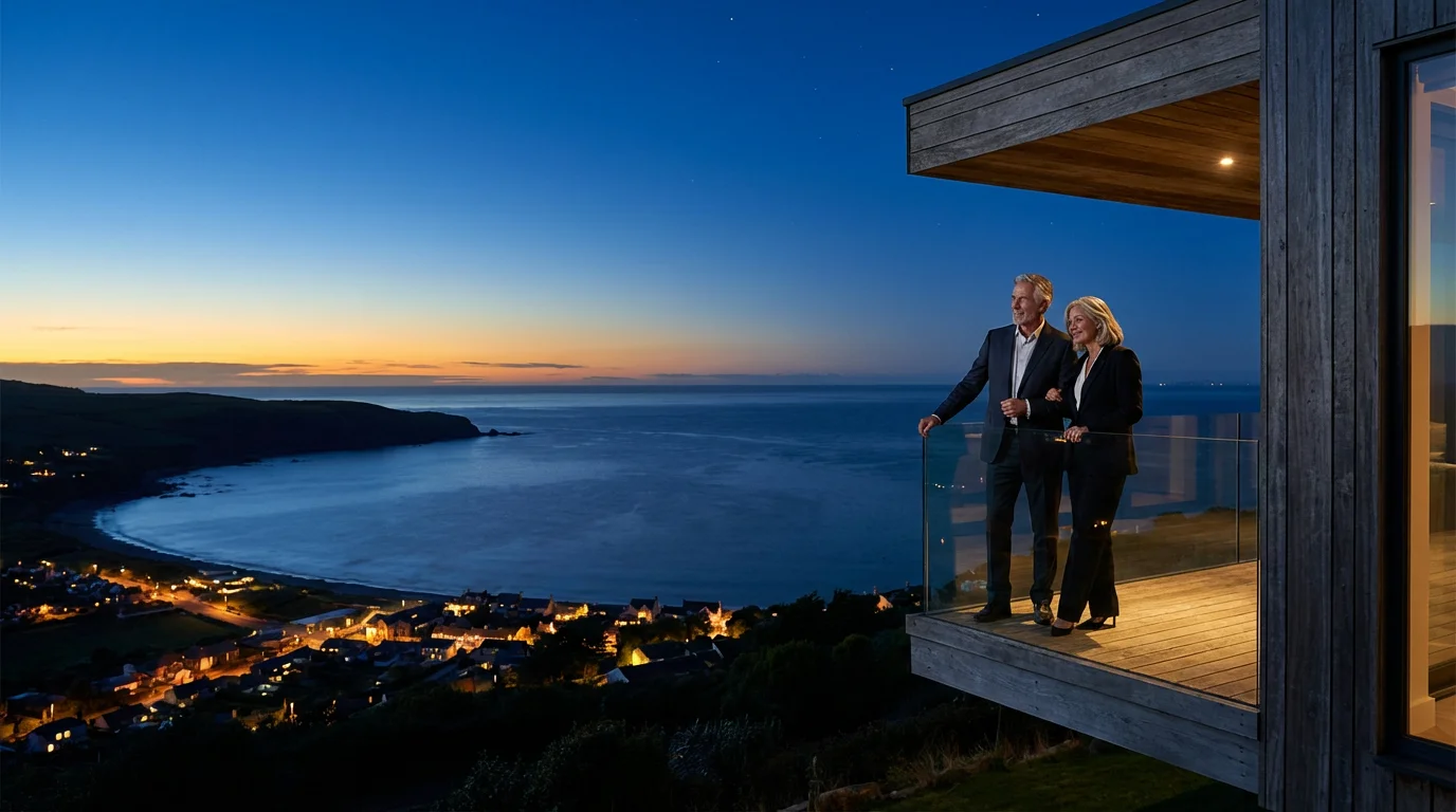 A senior couple stands on a deck at blue hour, overlooking a tranquil coastal town.