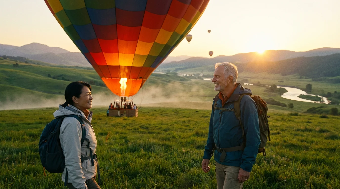 A senior couple watches as a colorful hot air balloon prepares for launch at sunrise.