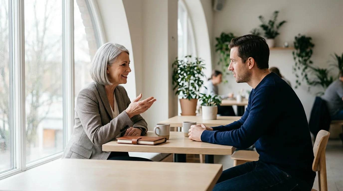 A senior female consultant has a professional meeting with a younger client in a modern cafe.