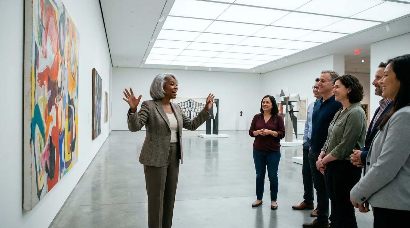 A senior female docent leading an attentive tour group in a spacious modern art gallery.