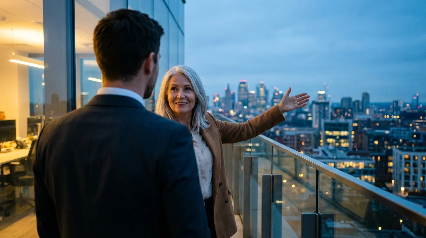 A senior female mentor shares wisdom with a young man on a city balcony at dusk.