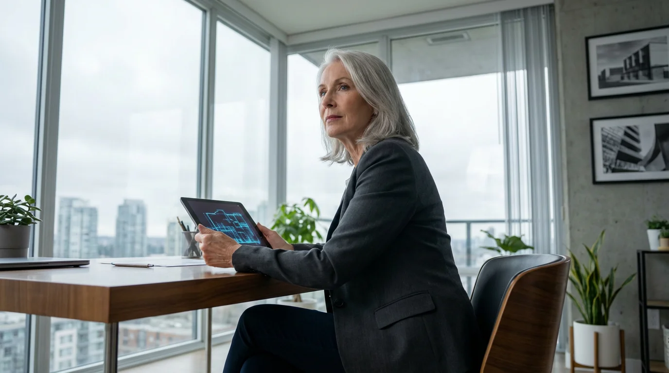A senior female real estate professional thoughtfully planning at her modern desk.