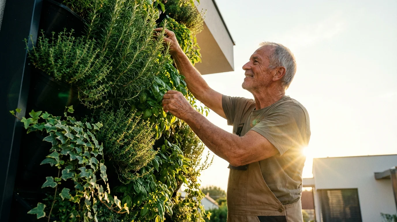 A senior man actively tends to a tall vertical herb garden on a patio during sunset.