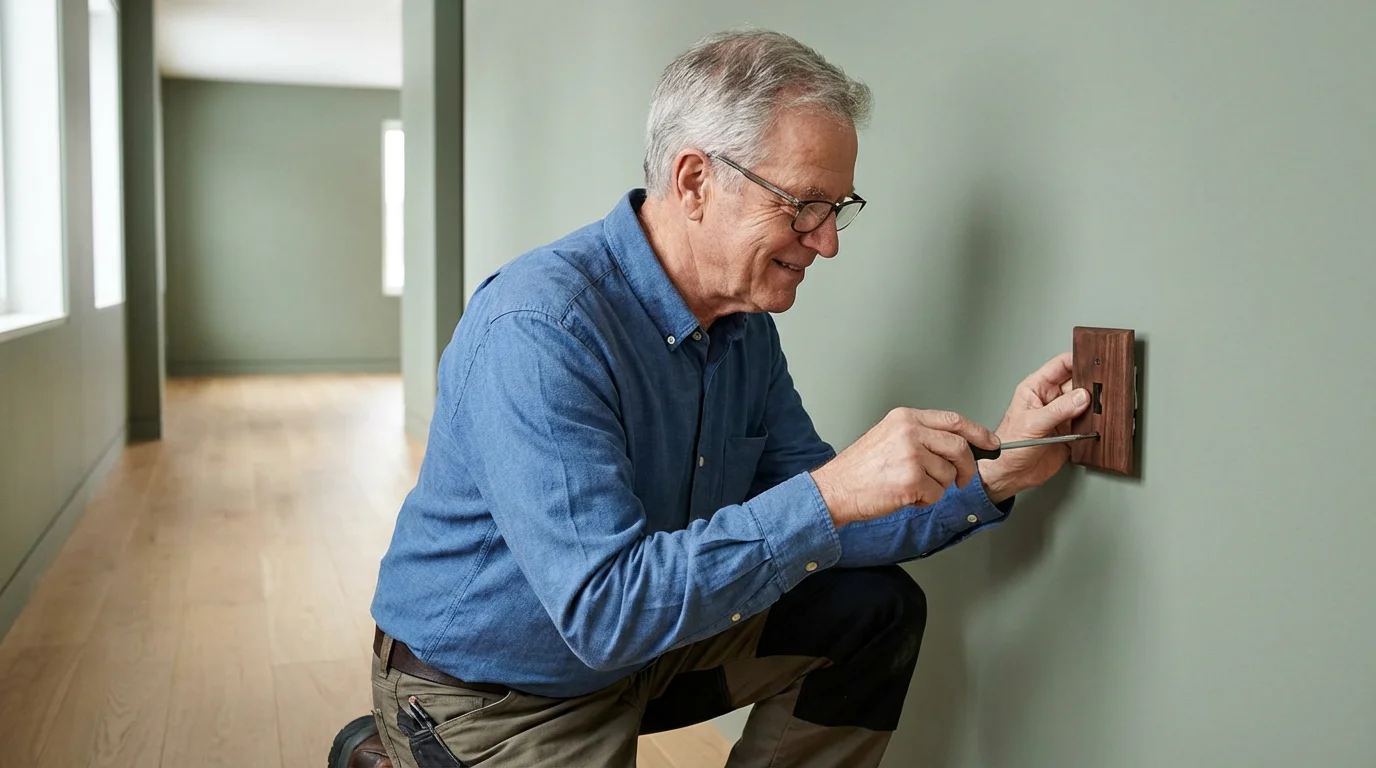 A senior man doing a simple DIY home enhancement project, replacing a light switch cover.