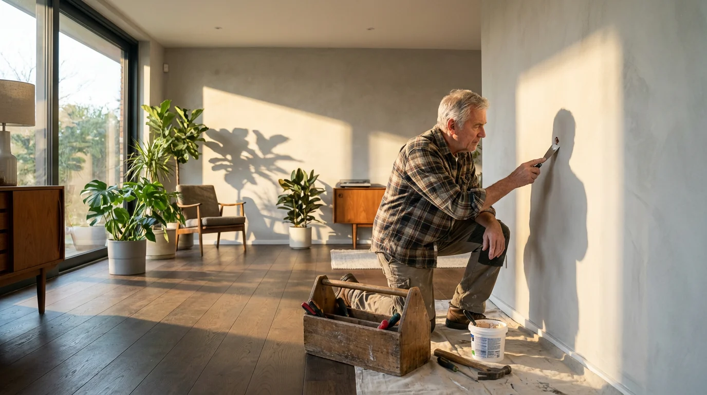 A senior man doing a simple DIY home repair, patching a hole in a wall.