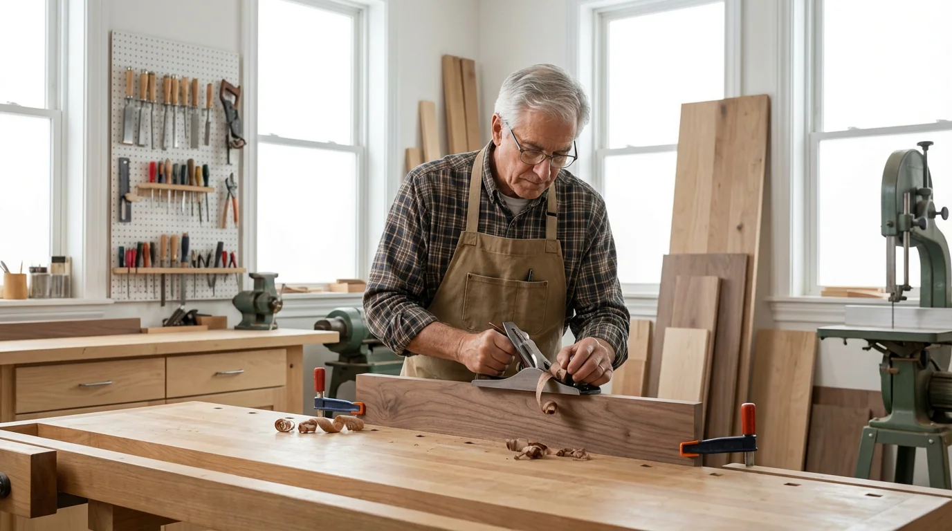 A senior man engaged in a woodworking project in his tidy, bright home workshop.