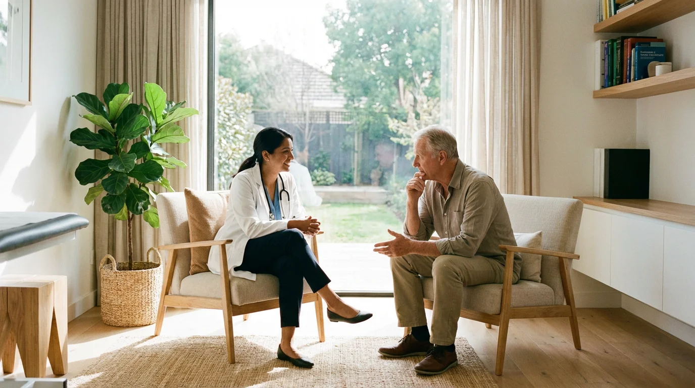 A senior man has a positive consultation with his female doctor in a sunlit office.
