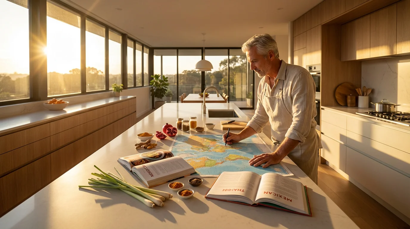 A senior man in a sunlit kitchen plans a culinary journey with a world map.