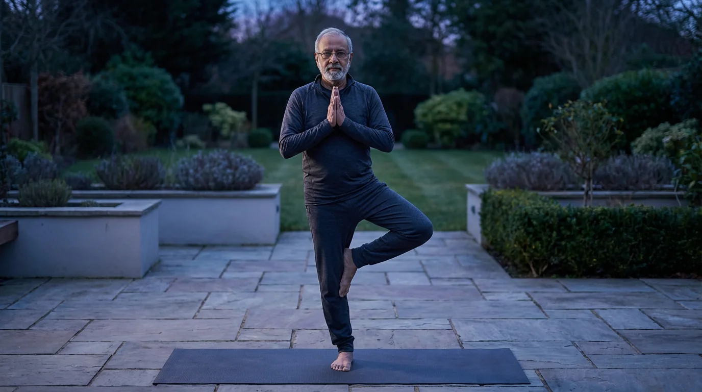 A senior man in his 70s doing a yoga balance pose in a garden at dusk.