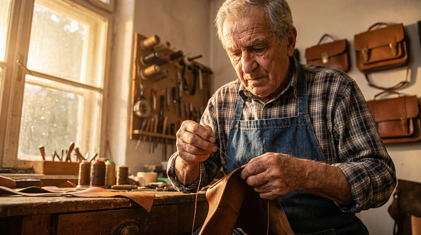 A senior man leatherworking at his sunlit workbench, viewed from a low angle.