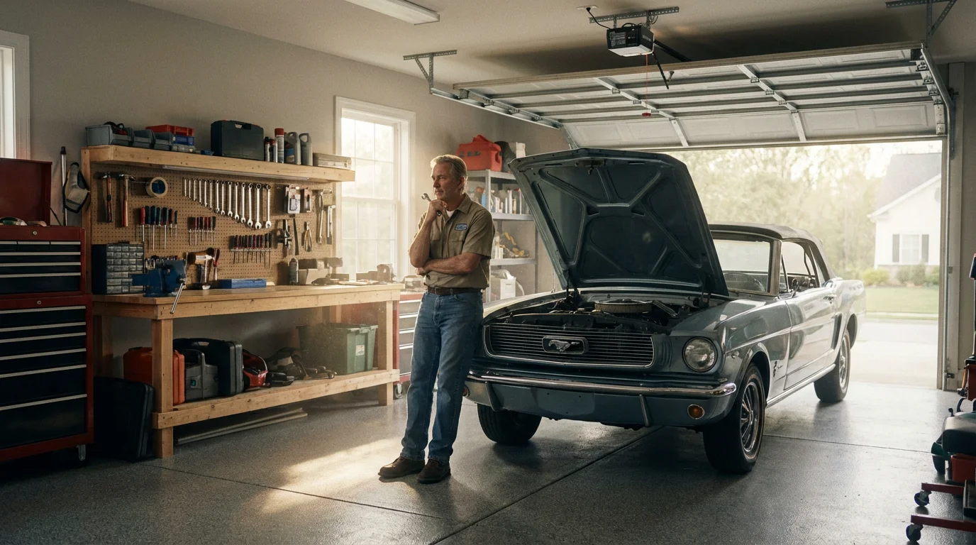 A senior man looking thoughtfully at the engine of a classic car in his sunlit garage.