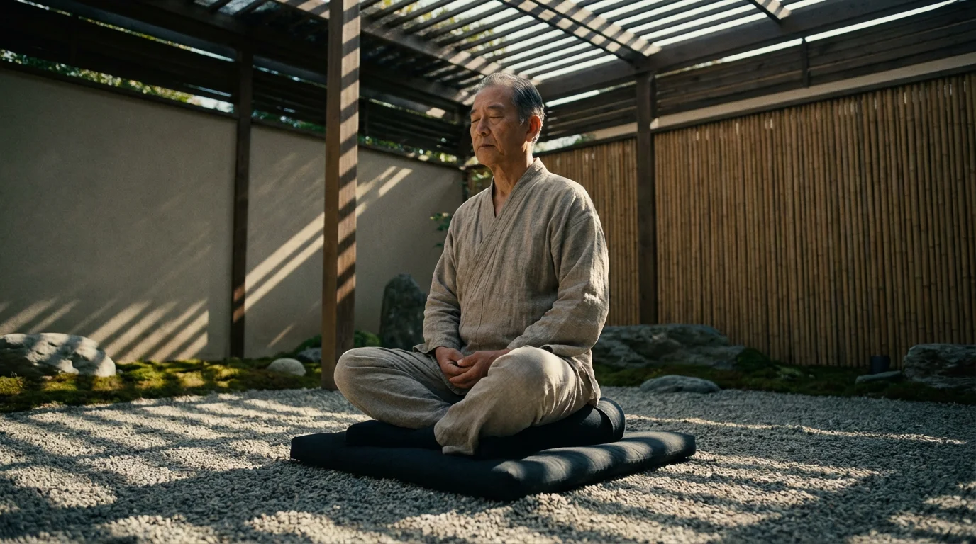 A senior man meditates on a floor cushion in a zen garden with afternoon shadows.