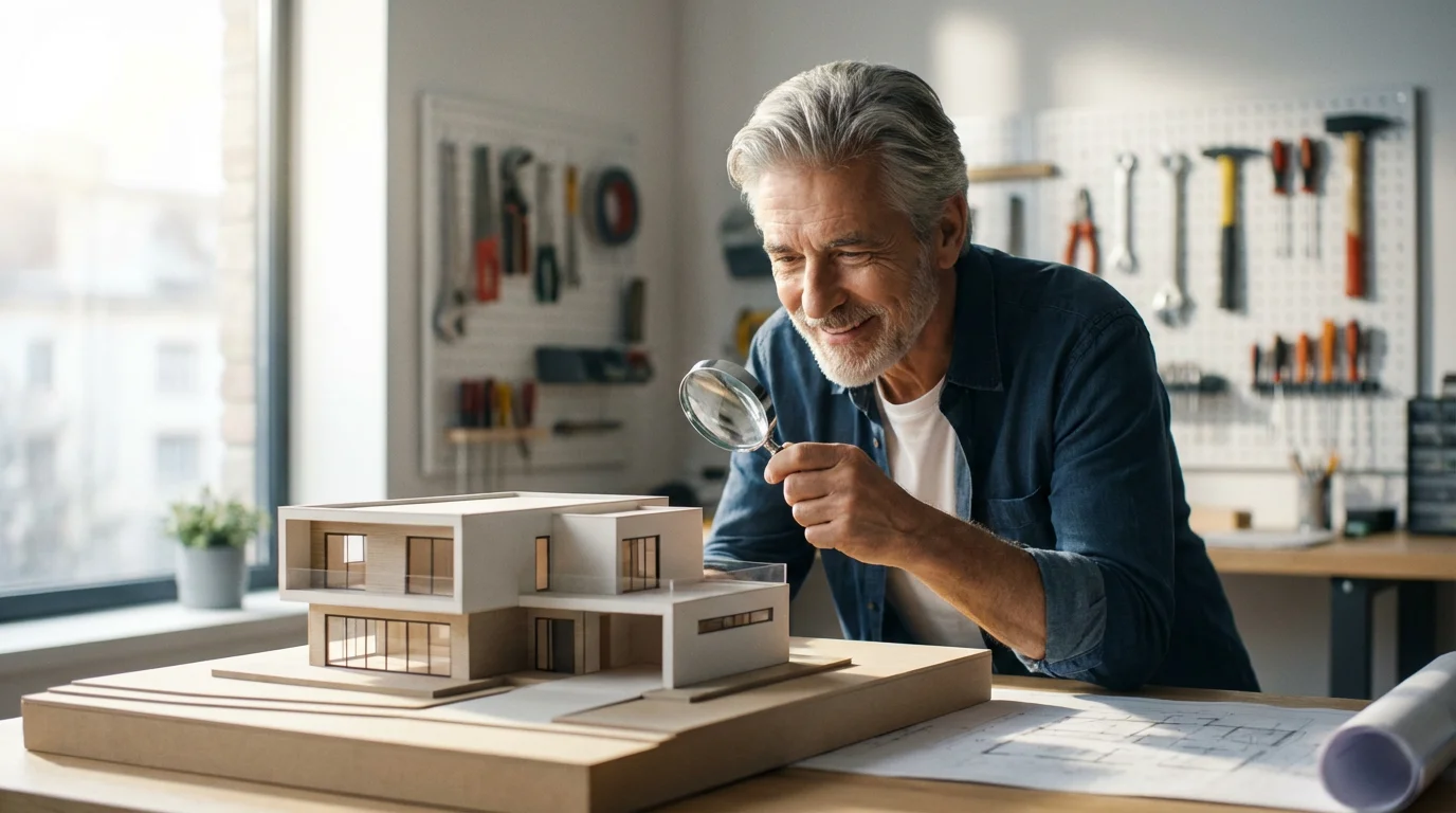 A senior man proudly looking at a detailed architectural model he built in a workshop.