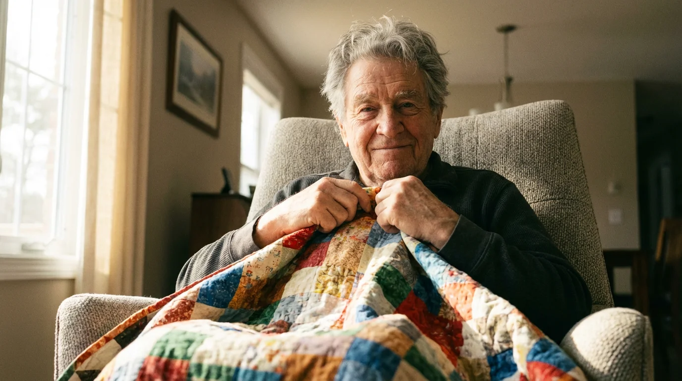 A senior man sits in an armchair, proudly admiring his newly made patchwork quilt.