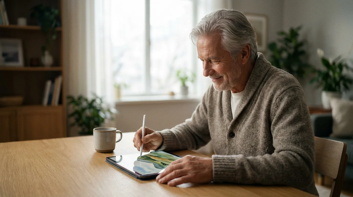 A senior man sitting at a table painting a watercolor landscape on a digital tablet.