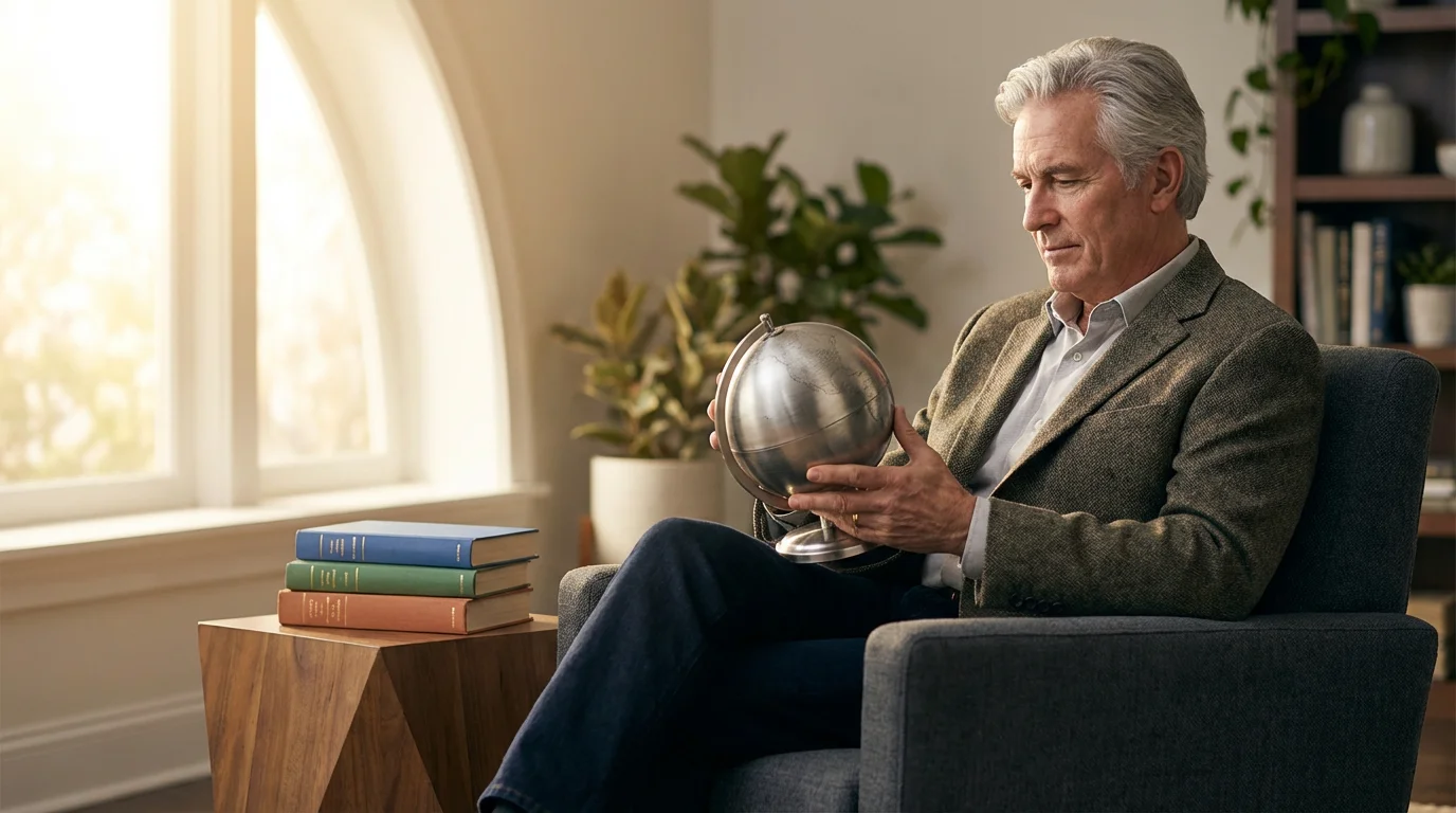 A senior man sitting in an armchair studies a small globe, contemplating which language to learn.