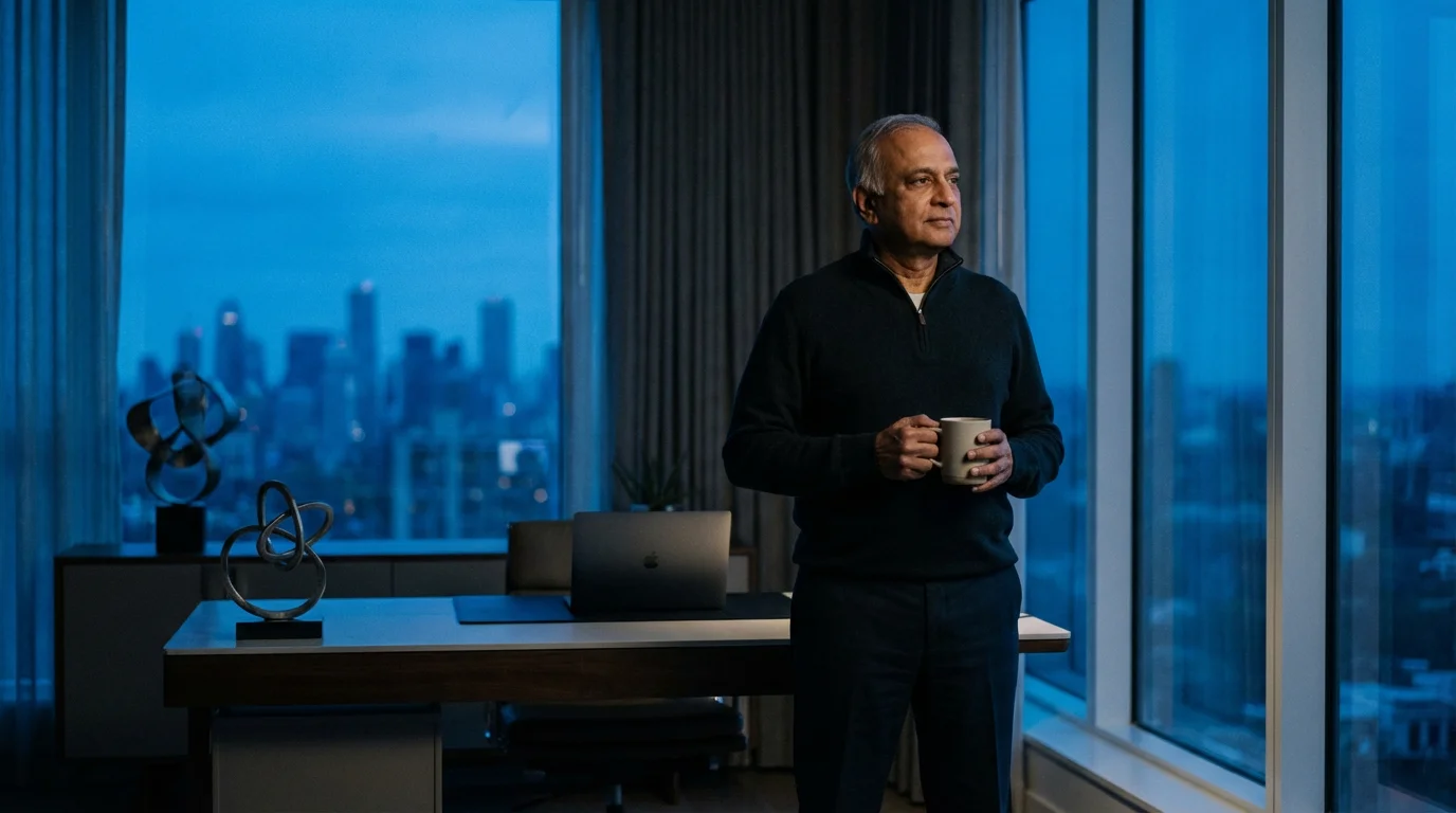 A senior man stands in his modern home office at twilight, looking out the window.