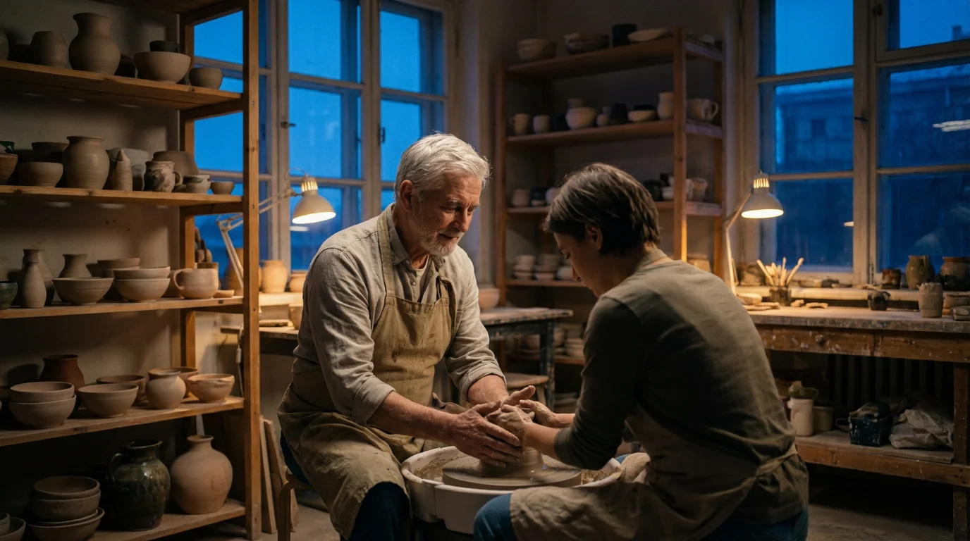 A senior man teaches a younger person pottery in a rustic studio at dusk.