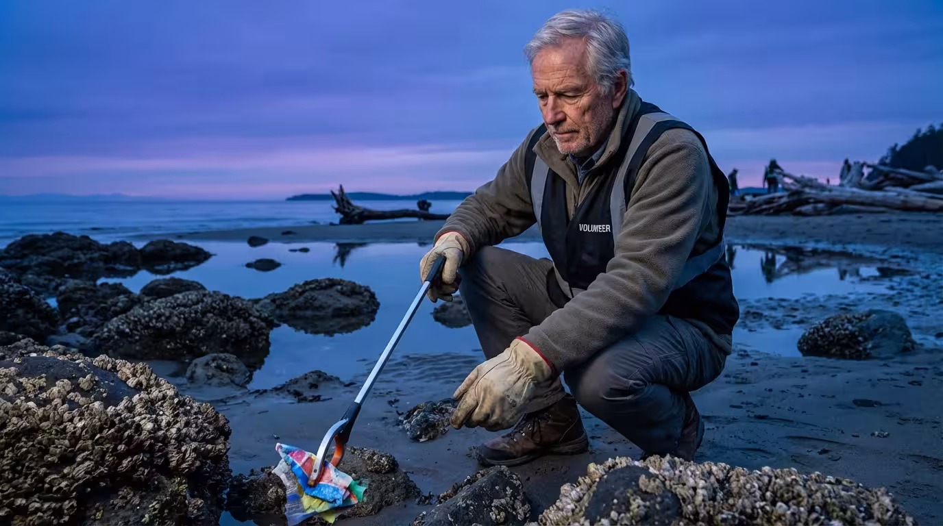 A senior man volunteering, cleaning up a rocky beach during a cool-toned twilight.