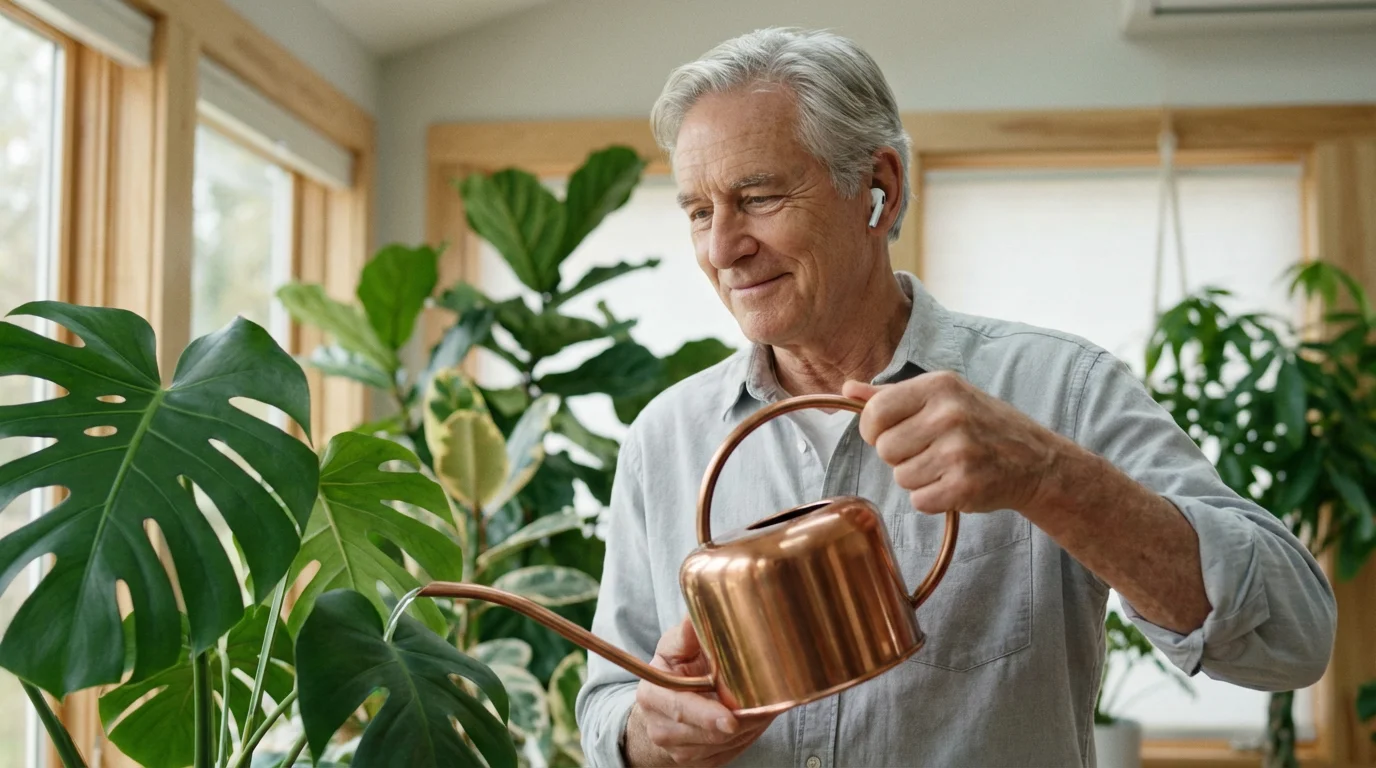 A senior man wearing earbuds peacefully waters his house plants in a bright, sunlit room.
