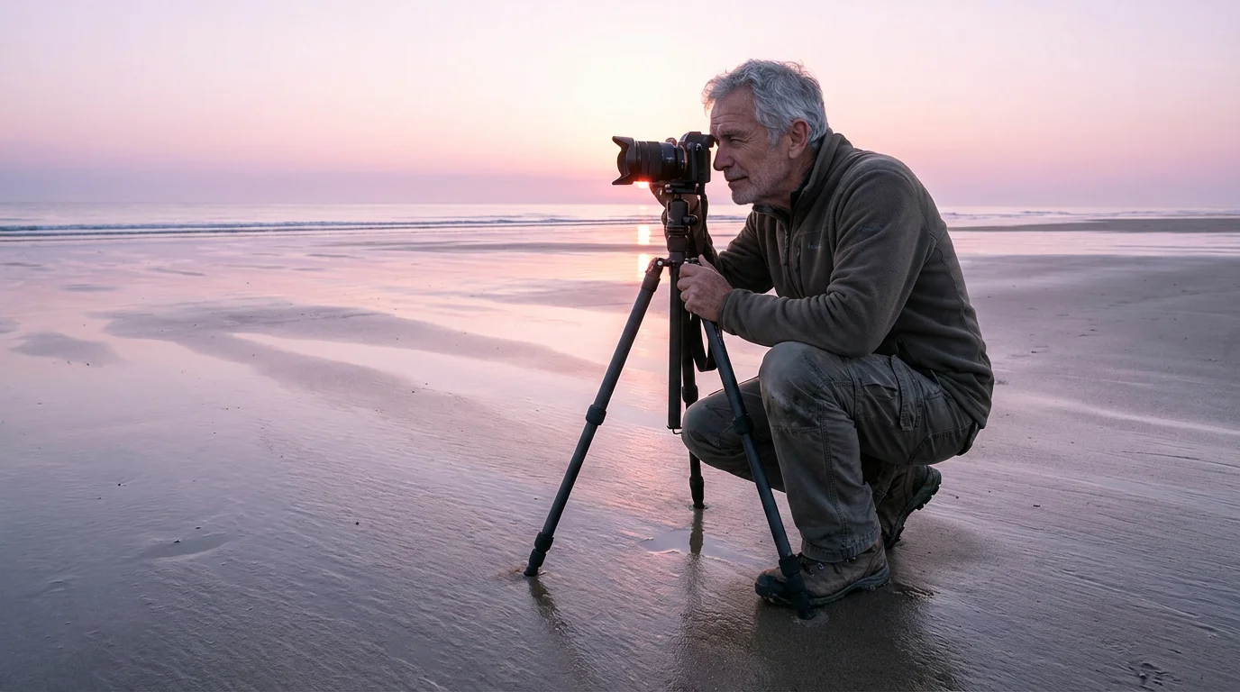 A senior man with a camera on a tripod on a serene beach at dawn.