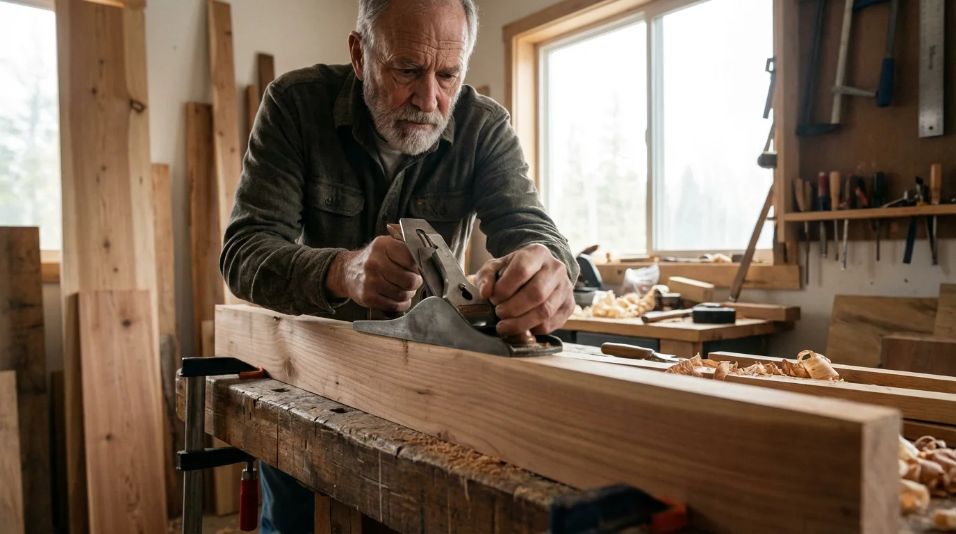A senior man with a focused expression woodworking in his sunlit workshop.