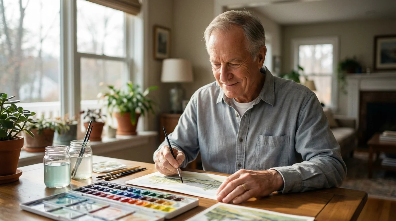 A senior man with a gentle smile is focused on his watercolor landscape painting.
