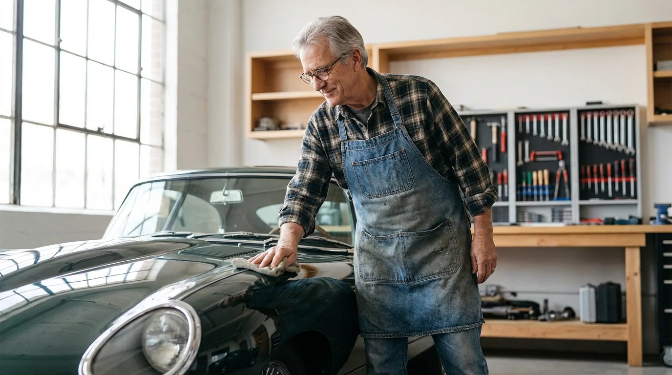 A senior man with a look of satisfaction polishes a classic car in his sunlit workshop.