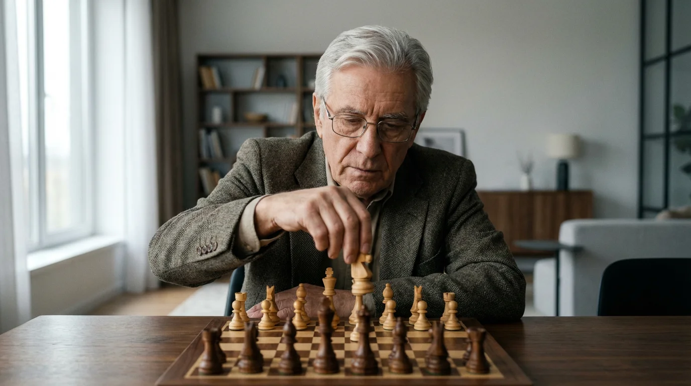 A senior man with a thoughtful expression playing a game of chess at home.