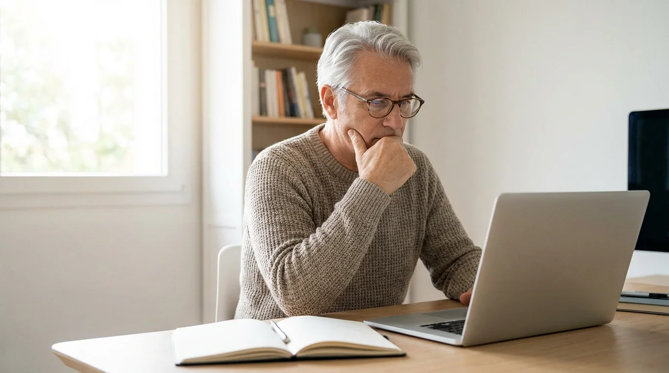 A senior man with glasses researches volunteer opportunities on his laptop at a sunlit desk.