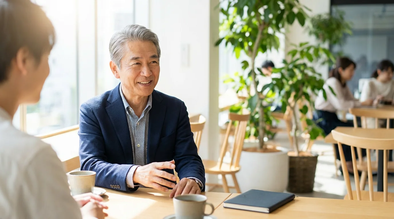 A senior man with gray hair in a bright cafe consults with a colleague.