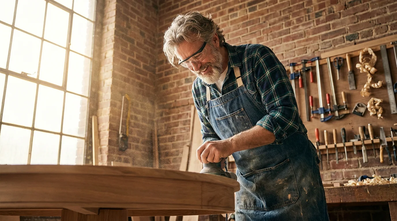 A senior man with silver hair woodworking in a sunny, well-lit workshop.