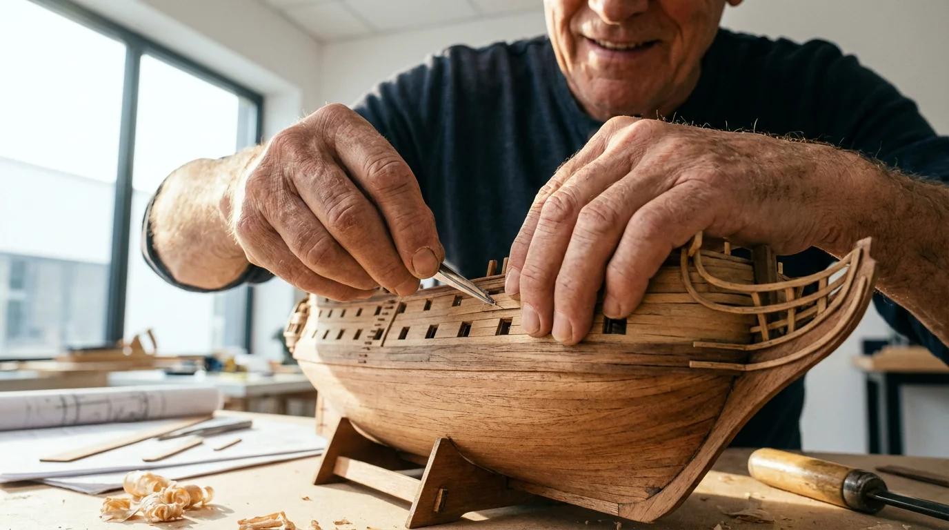 A senior man's hands carefully building an intricate wooden model ship by a window.