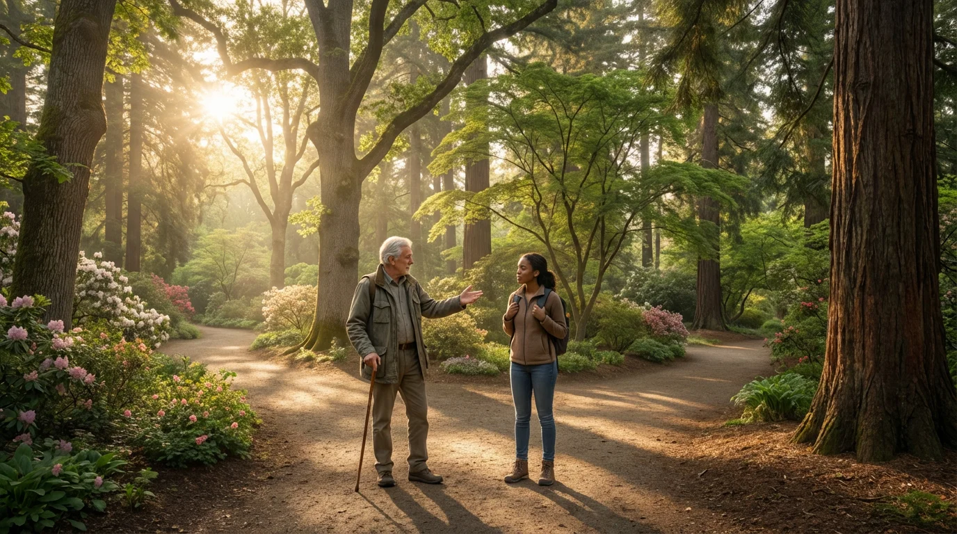 A senior mentor and younger woman discuss a path in a large arboretum.