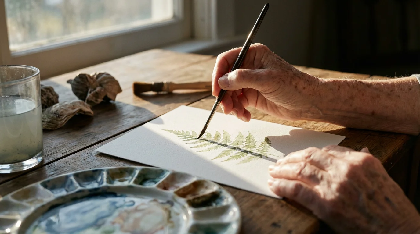 A senior person's hands delicately painting a botanical watercolor on a sunlit wooden table.