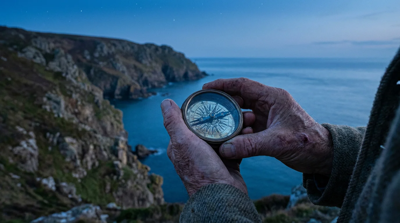 A senior person's hands holding an antique brass compass against a dramatic coastal twilight sky.