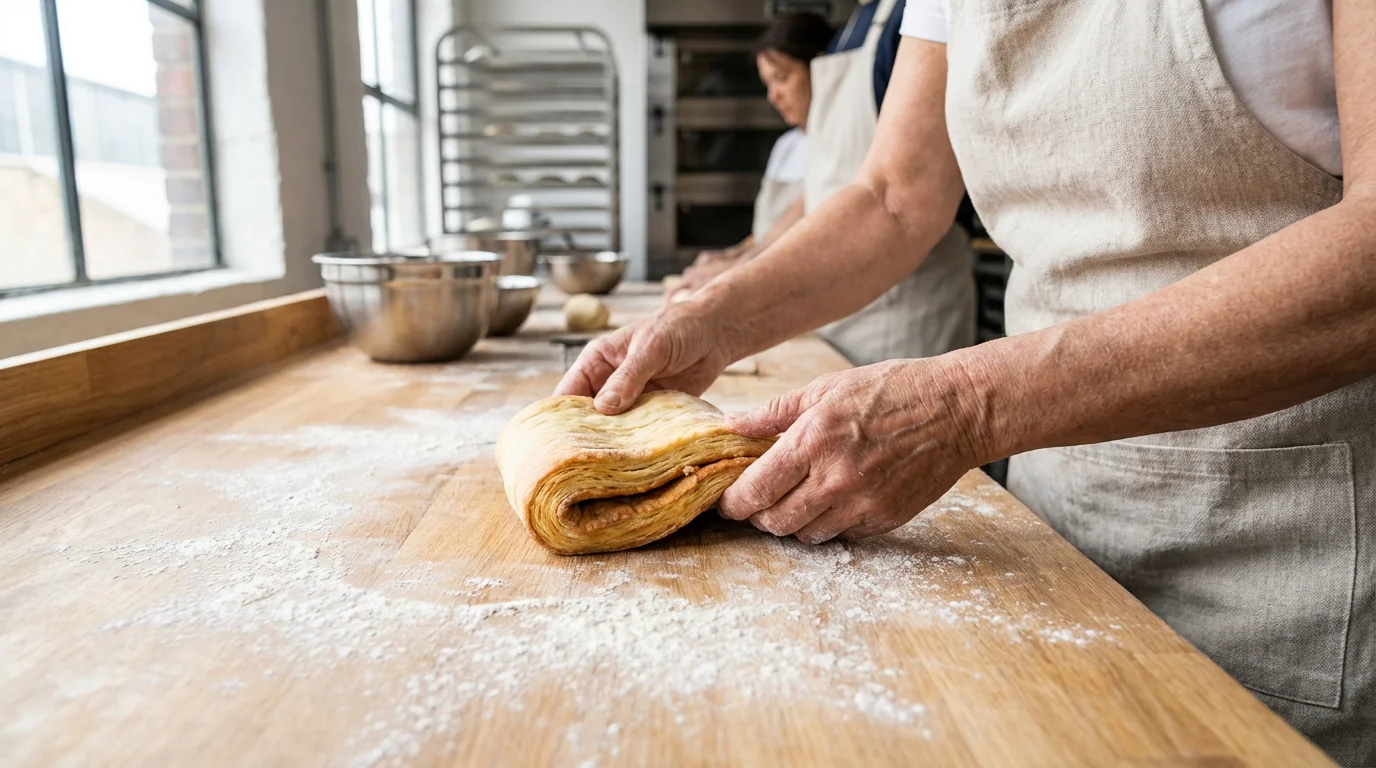 A senior person's hands shaping brioche dough during a sunlit baking class.