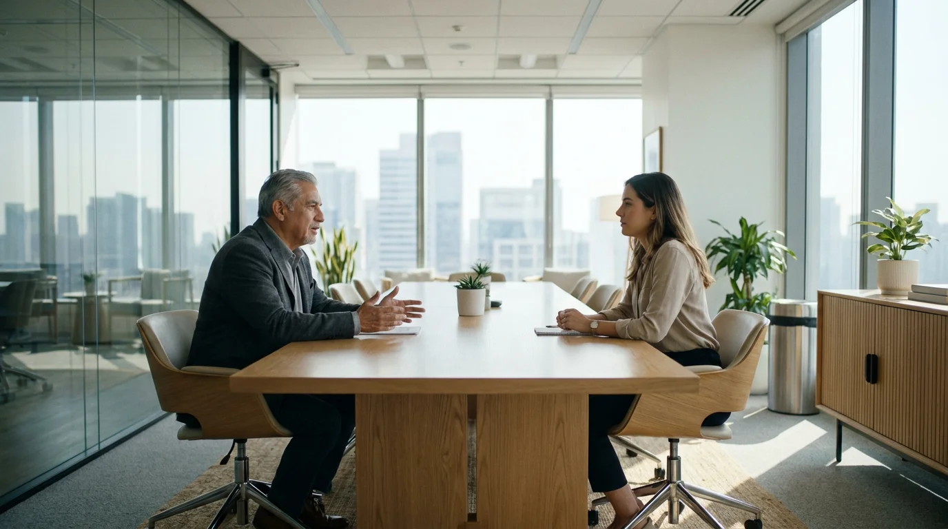 A senior professional man confidently speaks with an HR manager in a modern, sunlit meeting room.