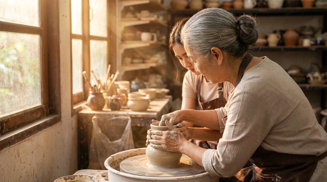A senior teacher guides a student's hands on a pottery wheel during sunset.