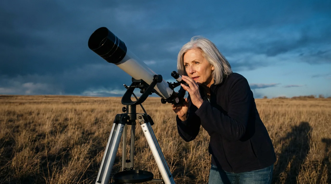 A senior woman adjusts a telescope in a field during a moody sunset.