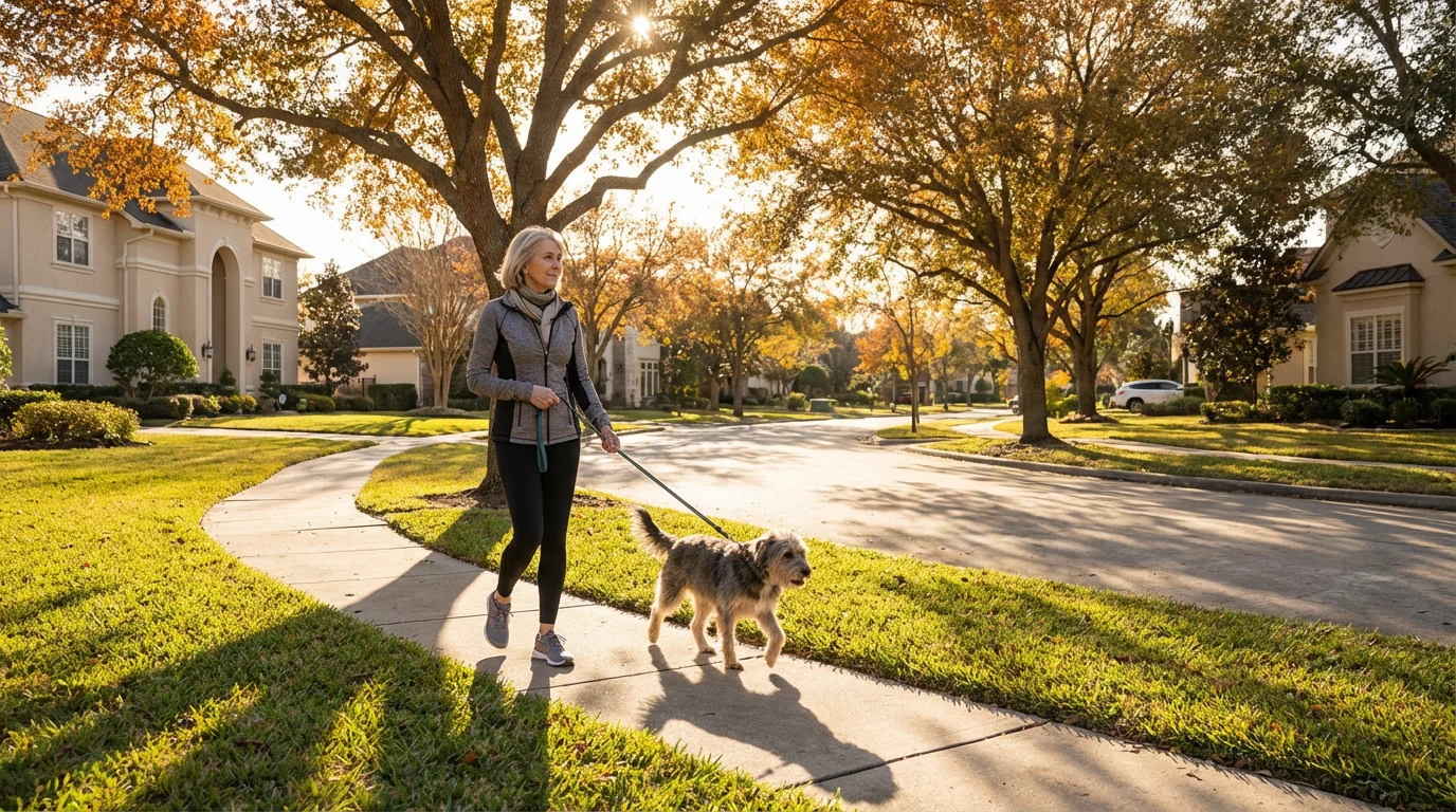 A senior woman and her dog walking on a suburban sidewalk in the afternoon.
