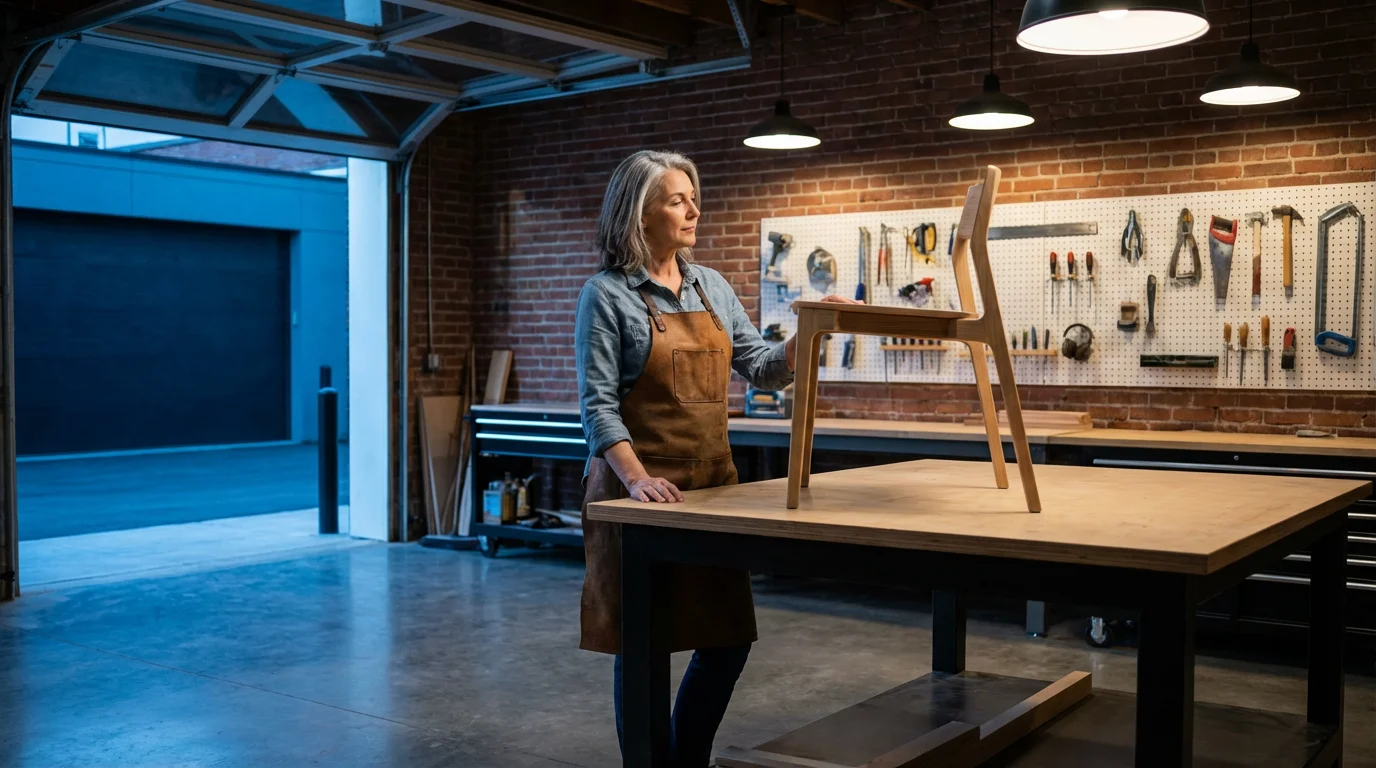 A senior woman artisan proudly inspects a wooden chair in her modern workshop at dusk.
