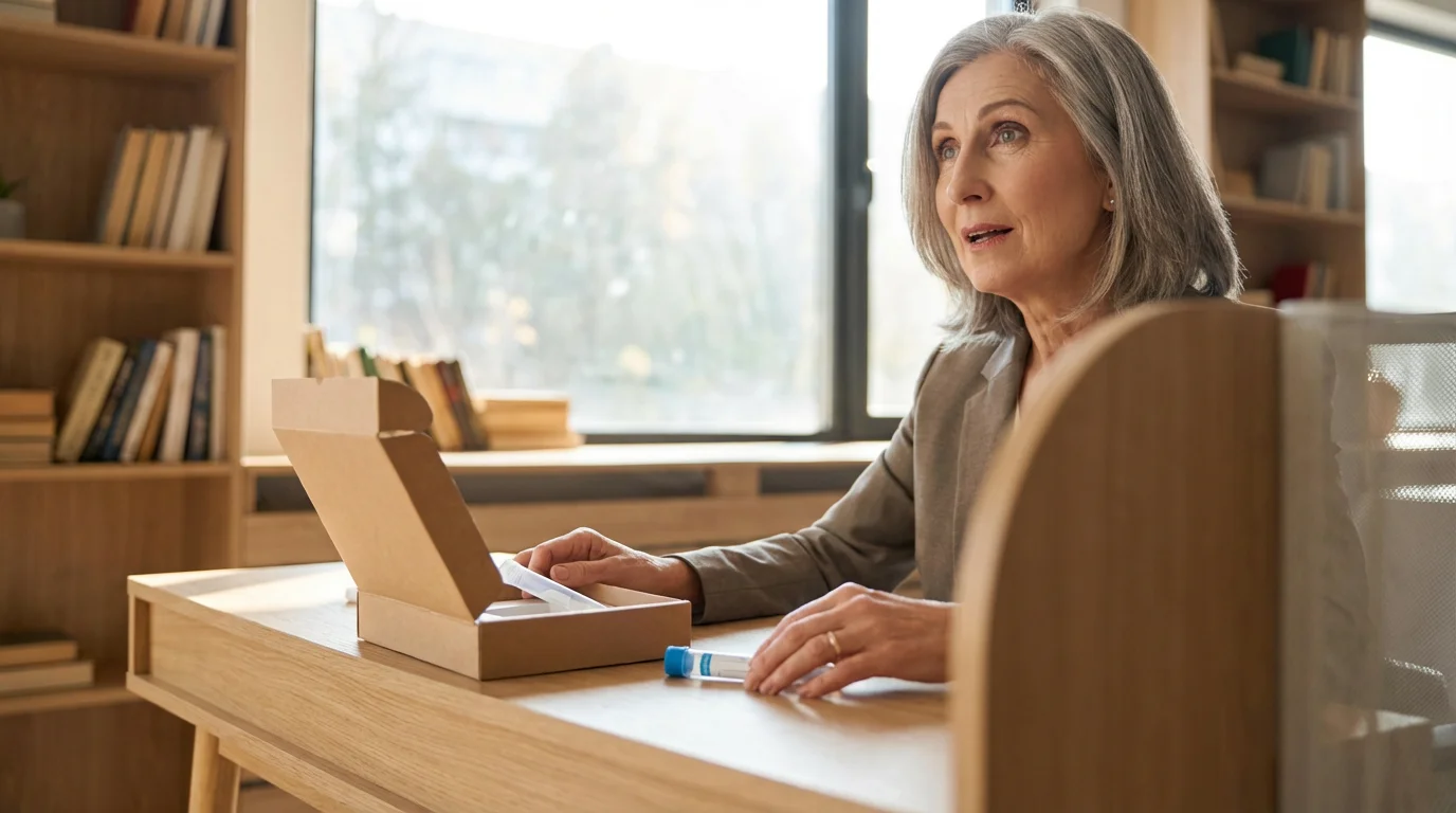 A senior woman at her desk with a DNA test kit, looking thoughtful.