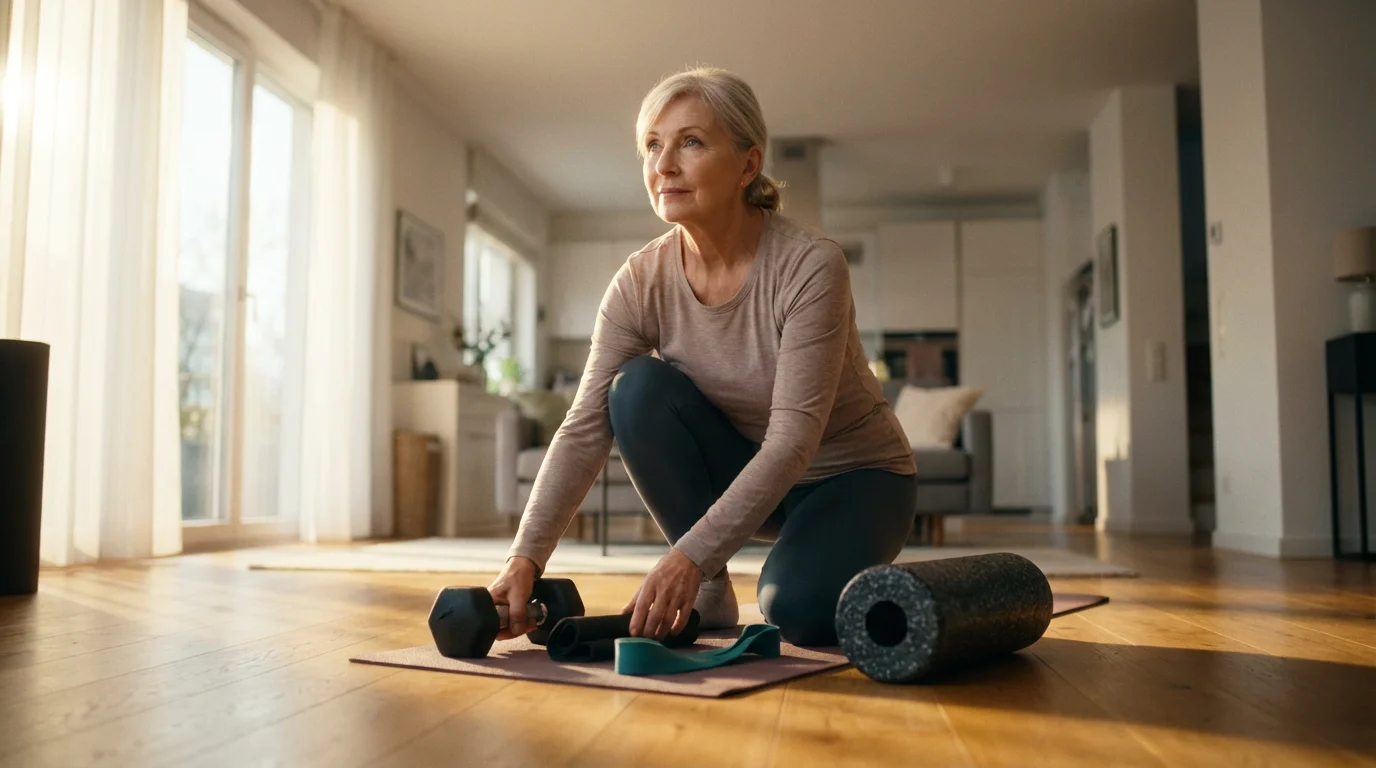 A senior woman at home, thoughtfully planning her fitness routine with various exercise equipment.