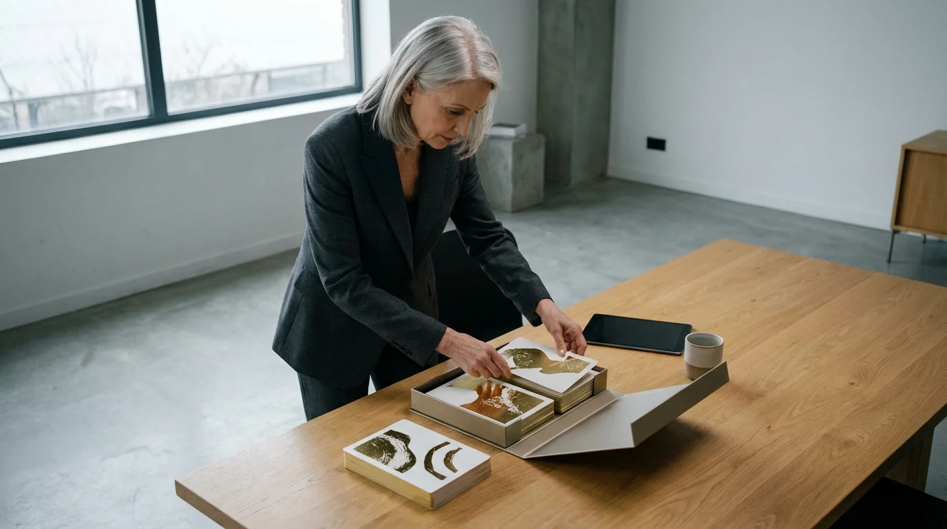 A senior woman carefully arranging beautifully designed cards into a presentation box on a desk.