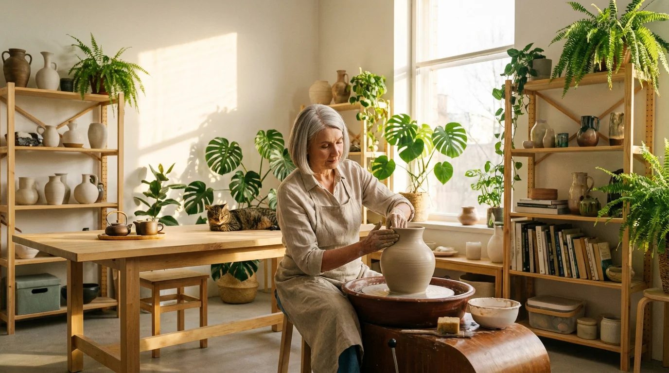 A senior woman creates a vase on a potter's wheel in her bright art studio.