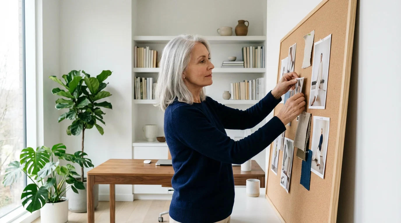 A senior woman creatively arranging a mood board in her sunlit, modern home studio.