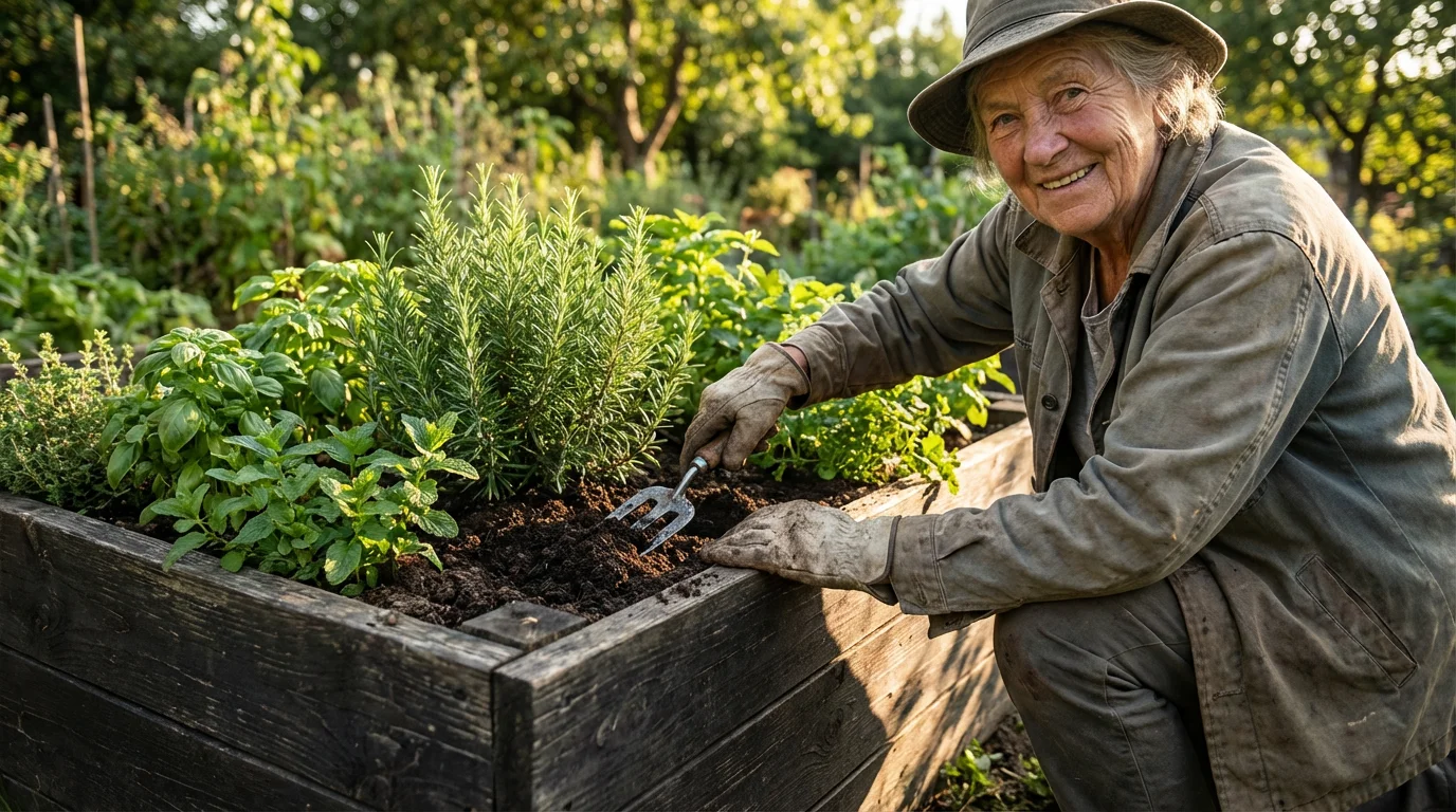 A senior woman from a low angle, tending to herbs in a raised garden bed.
